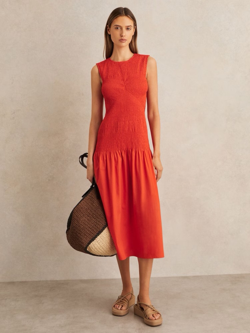 Reiss Annabel Smocked Drop Waist Cotton Bright Red Sleeveless Midi Dress - Picture 2 of 9